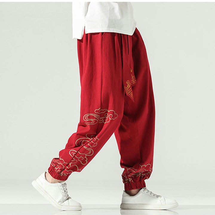 Pantalon sarouel en coton et lin avec cordon de serrage et poches pour homme Motif Buddha Stones et nuages ​​de bon augure - image 21