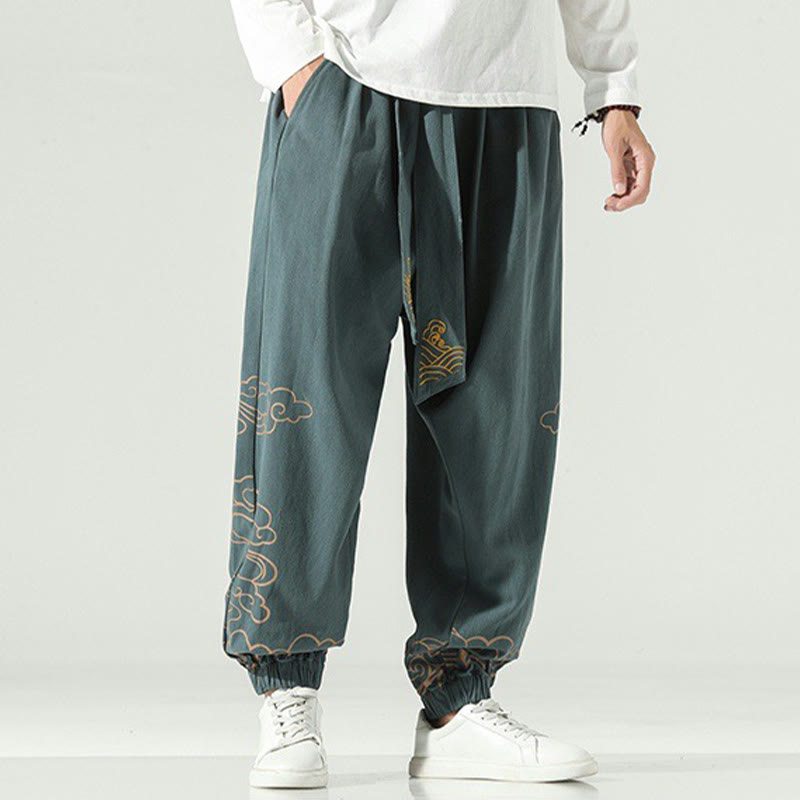 Pantalon sarouel en coton et lin avec cordon de serrage et poches pour homme Motif Buddha Stones et nuages ​​de bon augure - Cyan foncé - US/UK/AU46，EU56 (5XL) - image 22