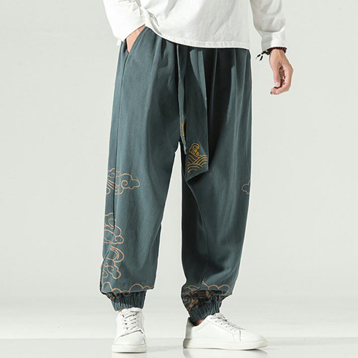 Pantalon sarouel en coton et lin avec cordon de serrage et poches pour homme Motif Buddha Stones et nuages ​​de bon augure - Cyan foncé - US/UK/AU46，EU56 (5XL) - image 22