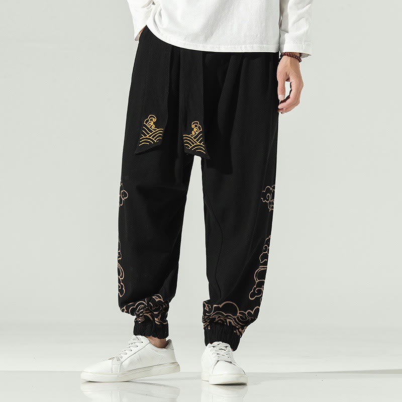 Pantalon sarouel en coton et lin avec cordon de serrage et poches pour homme Motif Buddha Stones et nuages ​​de bon augure - Noir - US/UK/AU46，EU56 (5XL) - image 0