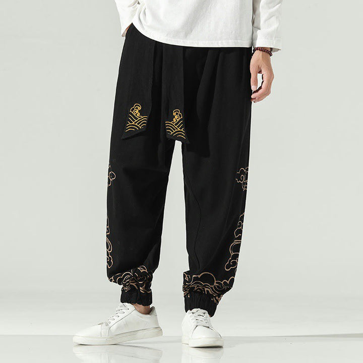 Pantalon sarouel en coton et lin avec cordon de serrage et poches pour homme Motif Buddha Stones et nuages ​​de bon augure - Noir - US/UK/AU46，EU56 (5XL) - image 0