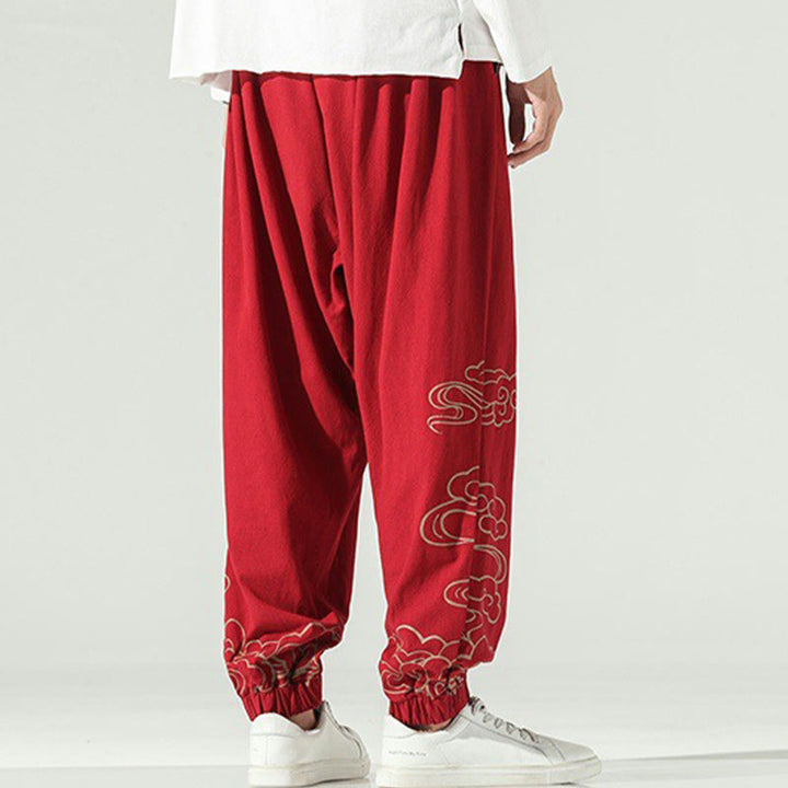 Pantalon sarouel en coton et lin avec cordon de serrage et poches pour homme Motif Buddha Stones et nuages ​​de bon augure - image 18