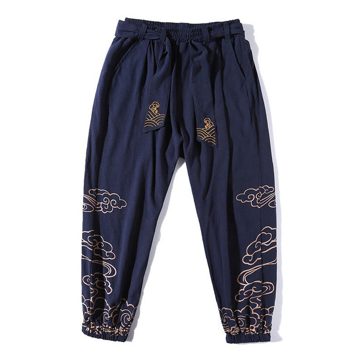 Pantalon sarouel en coton et lin avec cordon de serrage et poches pour homme Motif Buddha Stones et nuages ​​de bon augure - image 14