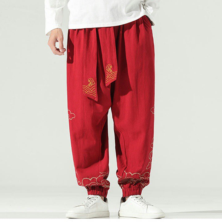 Pantalon sarouel en coton et lin avec cordon de serrage et poches pour homme Motif Buddha Stones et nuages ​​de bon augure - image 16