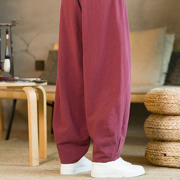 Pantalon Buddha Stones pour homme en coton et lin de couleur unie avec cordon de serrage et poches - image 10