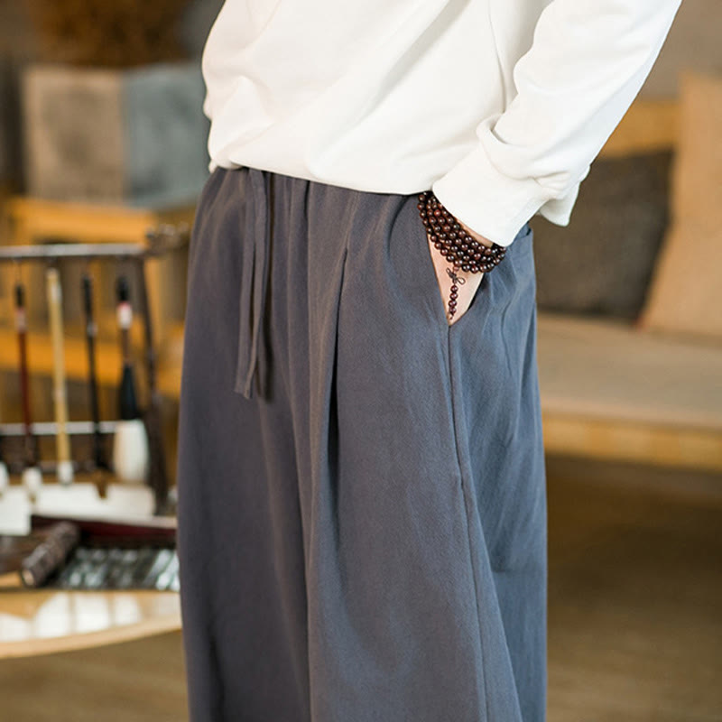 Pantalon Buddha Stones pour homme en coton et lin de couleur unie avec cordon de serrage et poches - image 38