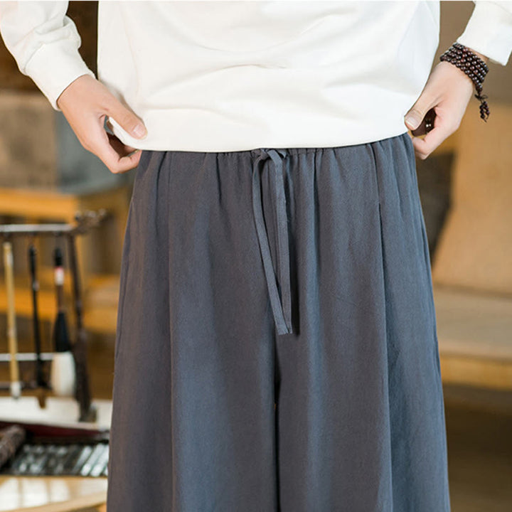 Pantalon Buddha Stones pour homme en coton et lin de couleur unie avec cordon de serrage et poches - image 37