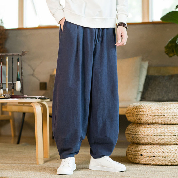 Pantalon Buddha Stones pour homme en coton et lin de couleur unie avec cordon de serrage et poches - Bleu foncé - US/UK/AU46，EU56 (5XL) - image 0