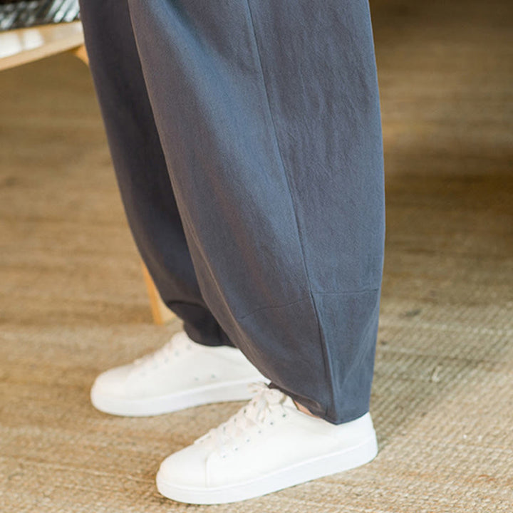 Pantalon Buddha Stones pour homme en coton et lin de couleur unie avec cordon de serrage et poches - image 40