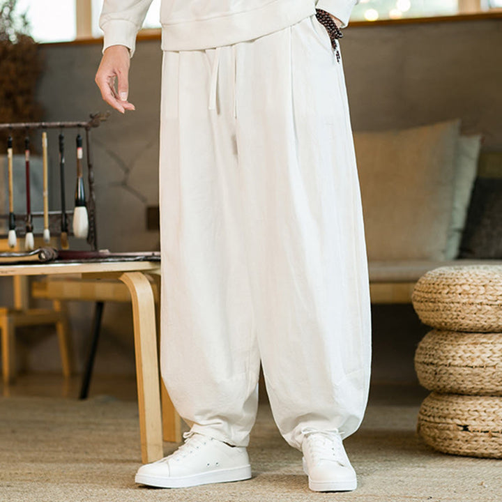 Pantalon Buddha Stones pour homme en coton et lin de couleur unie avec cordon de serrage et poches - image 20