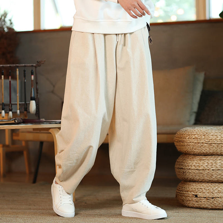 Pantalon Buddha Stones pour homme en coton et lin de couleur unie avec cordon de serrage et poches - image 28