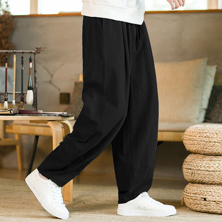 Pantalon Buddha Stones pour homme en coton et lin de couleur unie avec cordon de serrage et poches - image 13