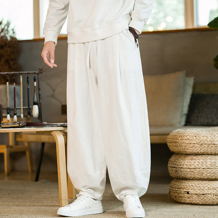 Pantalon Buddha Stones pour homme en coton et lin de couleur unie avec cordon de serrage et poches - image 22