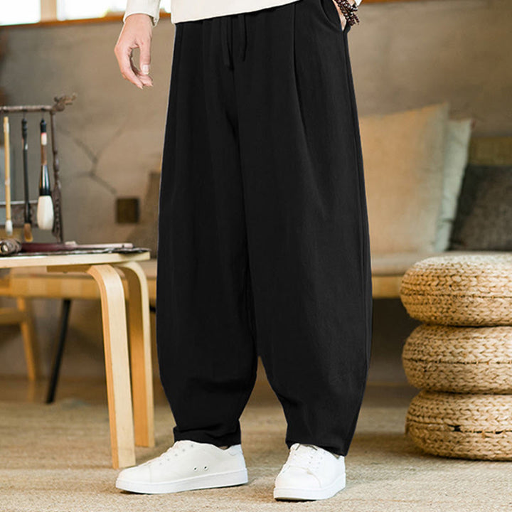 Pantalon Buddha Stones pour homme en coton et lin de couleur unie avec cordon de serrage et poches - image 16