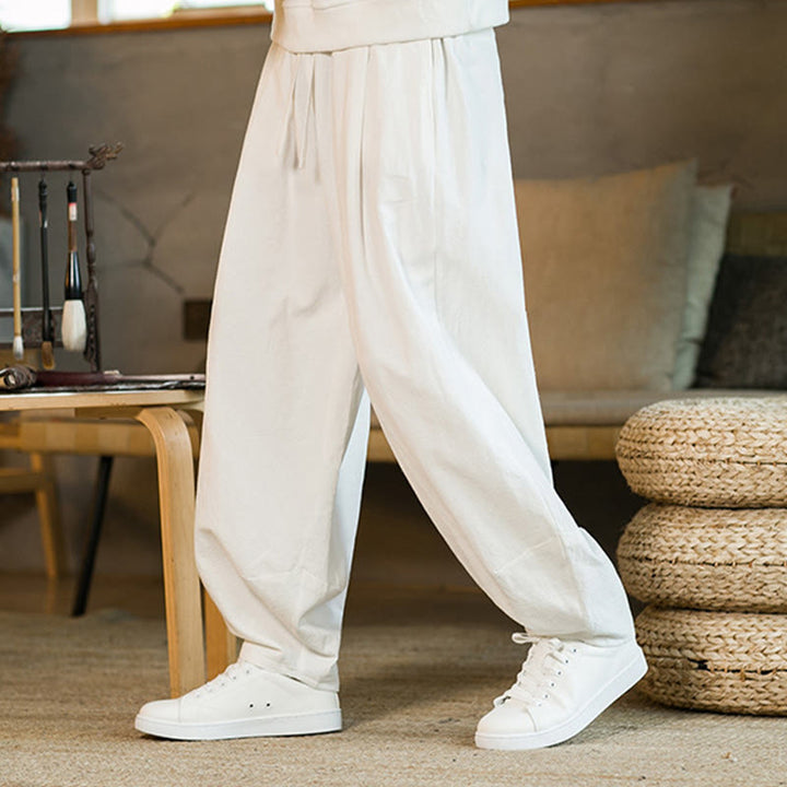 Pantalon Buddha Stones pour homme en coton et lin de couleur unie avec cordon de serrage et poches - image 21