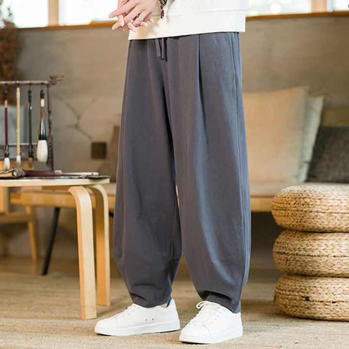 Pantalon Buddha Stones pour homme en coton et lin de couleur unie avec cordon de serrage et poches - image 34