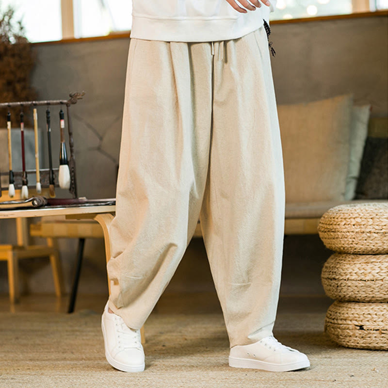 Pantalon Buddha Stones pour homme en coton et lin de couleur unie avec cordon de serrage et poches - image 27