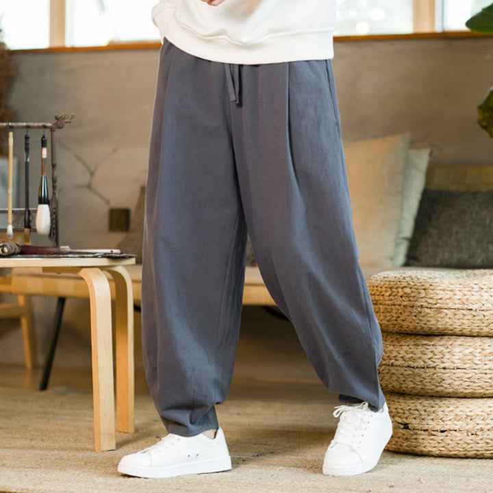 Pantalon Buddha Stones pour homme en coton et lin de couleur unie avec cordon de serrage et poches - image 35