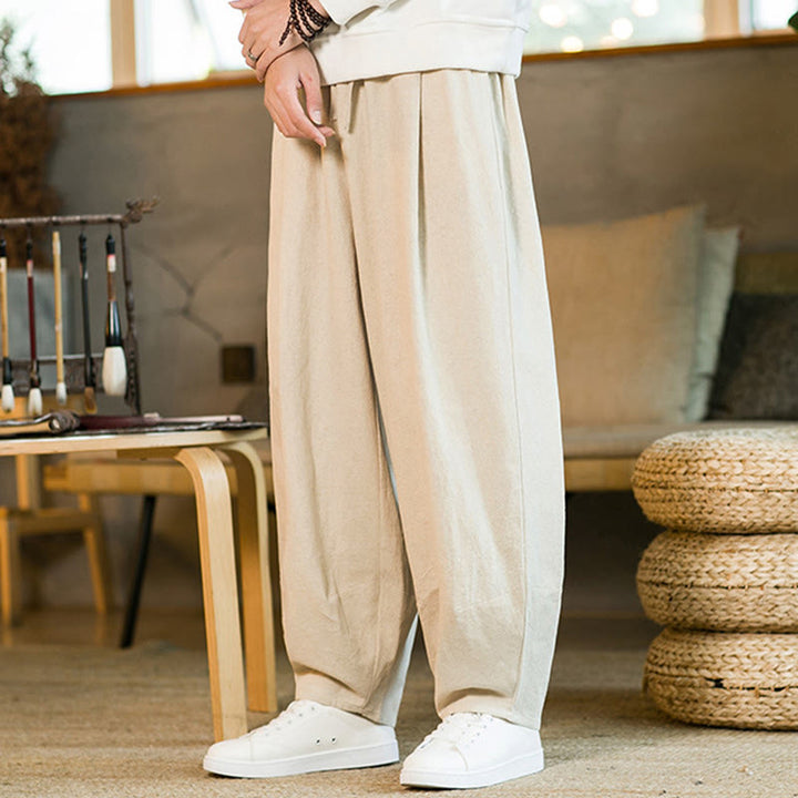 Pantalon Buddha Stones pour homme en coton et lin de couleur unie avec cordon de serrage et poches - image 26