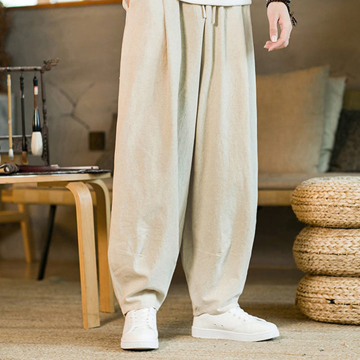 Pantalon Buddha Stones pour homme en coton et lin de couleur unie avec cordon de serrage et poches - Beige - US/UK/AU46，EU56 (5XL) - image 24