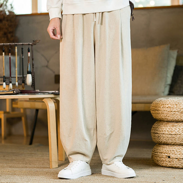 Pantalon Buddha Stones pour homme en coton et lin de couleur unie avec cordon de serrage et poches - image 25