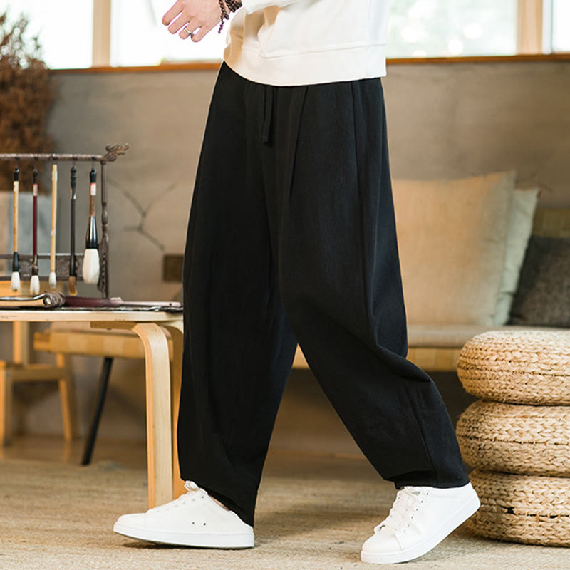 Pantalon Buddha Stones pour homme en coton et lin de couleur unie avec cordon de serrage et poches - image 15