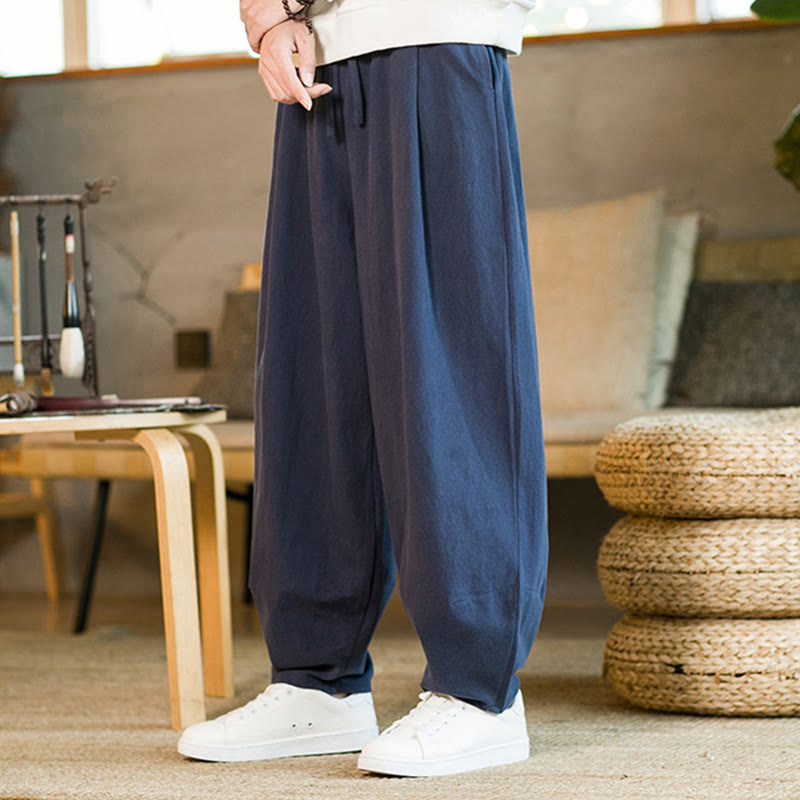 Pantalon Buddha Stones pour homme en coton et lin de couleur unie avec cordon de serrage et poches - image 4