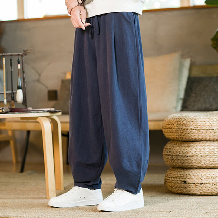 Pantalon Buddha Stones pour homme en coton et lin de couleur unie avec cordon de serrage et poches - image 4
