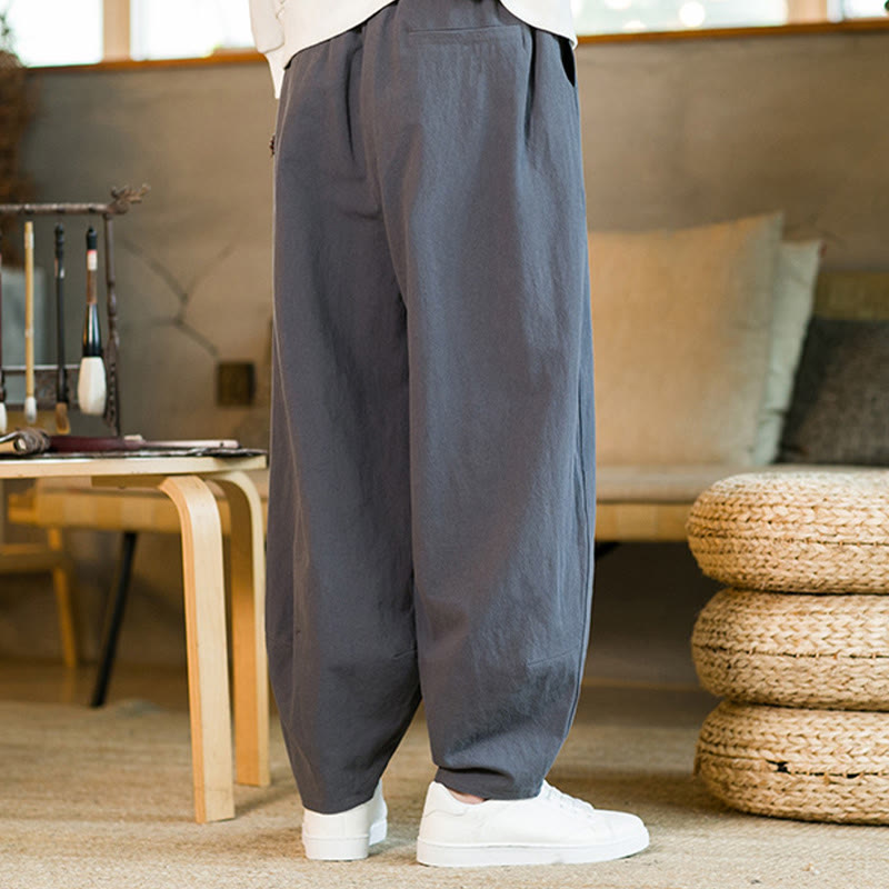 Pantalon Buddha Stones pour homme en coton et lin de couleur unie avec cordon de serrage et poches - image 36
