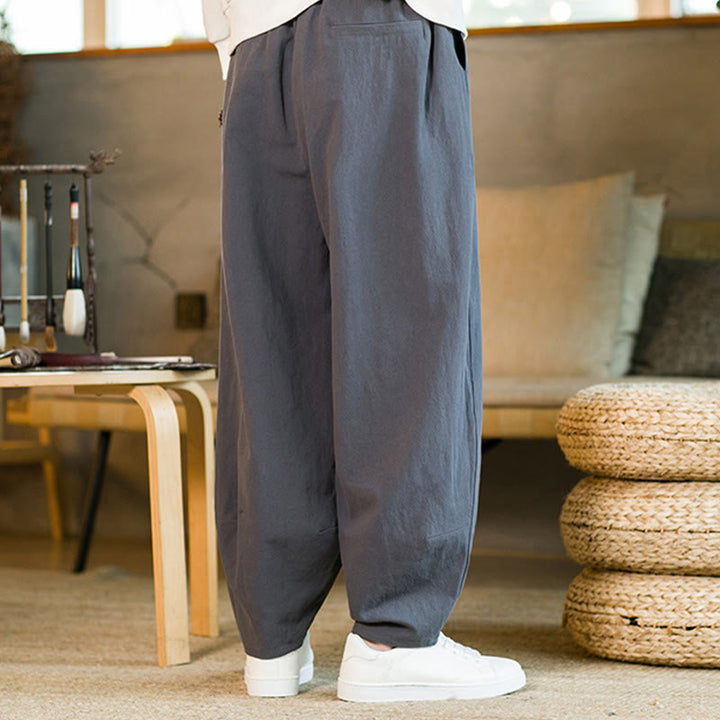 Pantalon Buddha Stones pour homme en coton et lin de couleur unie avec cordon de serrage et poches - image 36