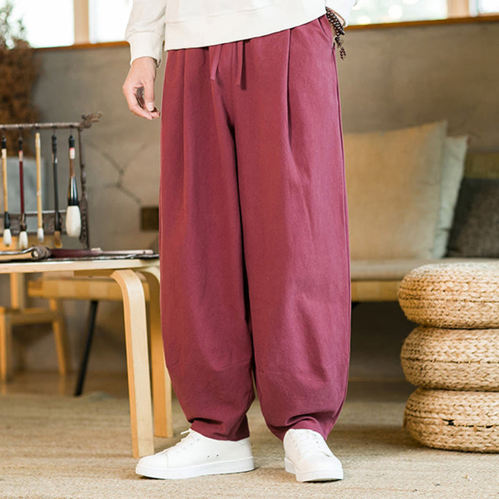 Pantalon Buddha Stones pour homme en coton et lin de couleur unie avec cordon de serrage et poches - image 6