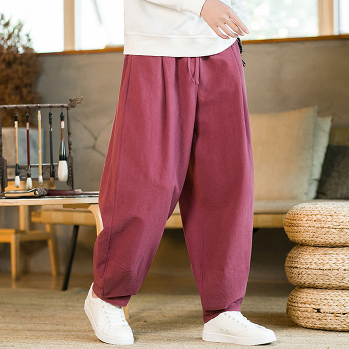 Pantalon Buddha Stones pour homme en coton et lin de couleur unie avec cordon de serrage et poches - image 9