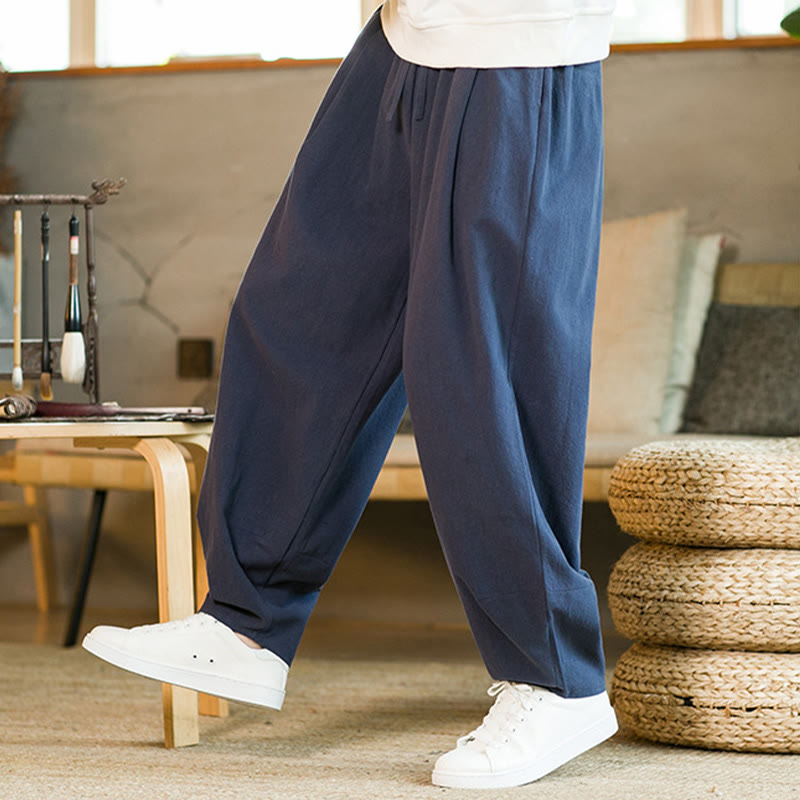 Pantalon Buddha Stones pour homme en coton et lin de couleur unie avec cordon de serrage et poches - image 2