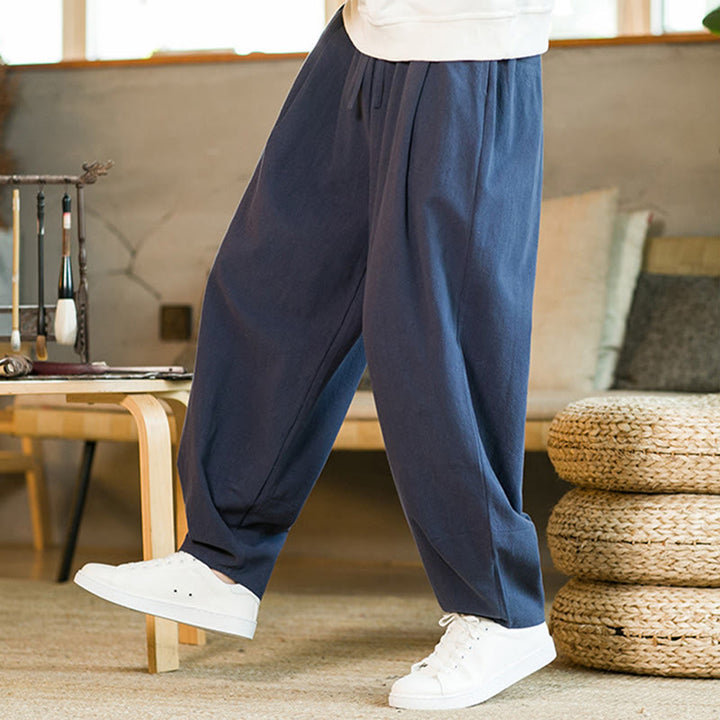 Pantalon Buddha Stones pour homme en coton et lin de couleur unie avec cordon de serrage et poches - image 2
