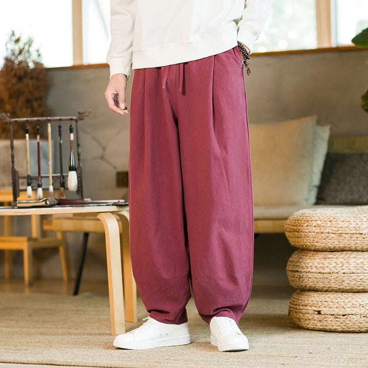 Pantalon Buddha Stones pour homme en coton et lin de couleur unie avec cordon de serrage et poches - image 7