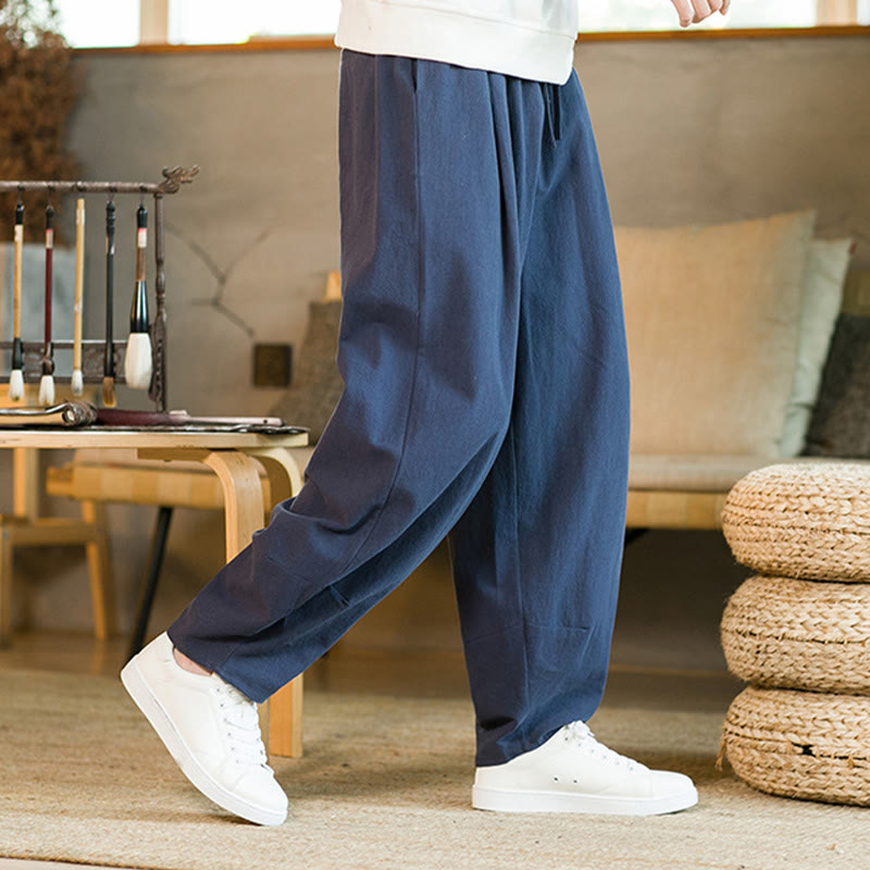 Pantalon Buddha Stones pour homme en coton et lin de couleur unie avec cordon de serrage et poches - image 1