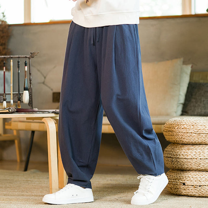 Pantalon Buddha Stones pour homme en coton et lin de couleur unie avec cordon de serrage et poches - image 3