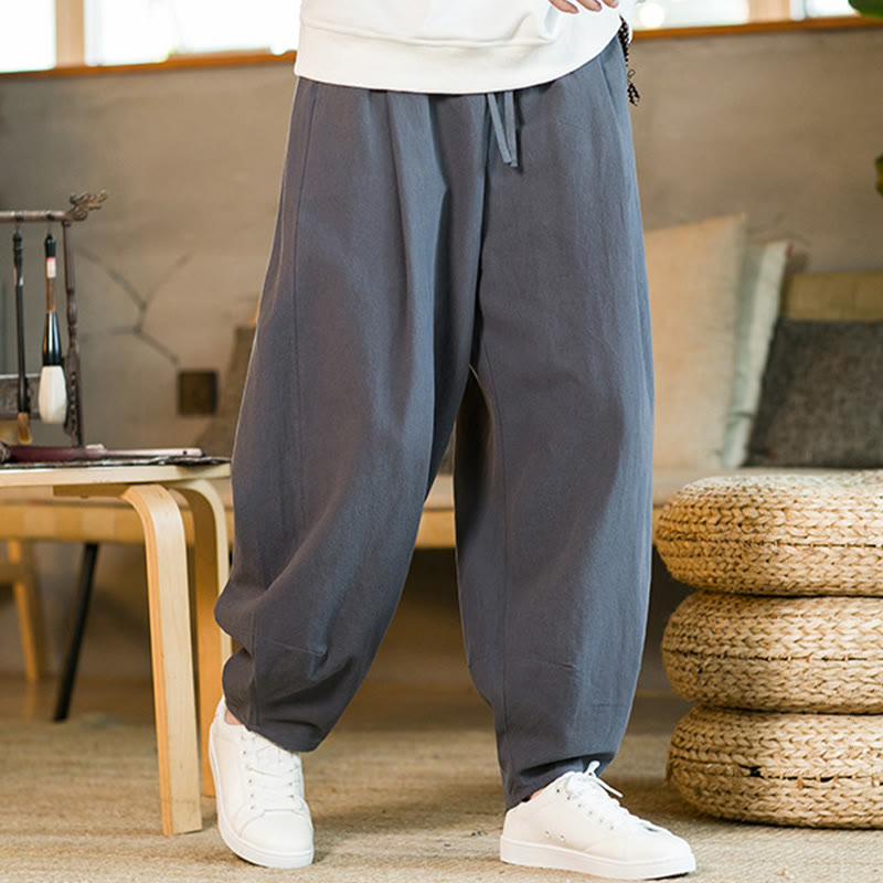 Pantalon Buddha Stones pour homme en coton et lin de couleur unie avec cordon de serrage et poches - image 32