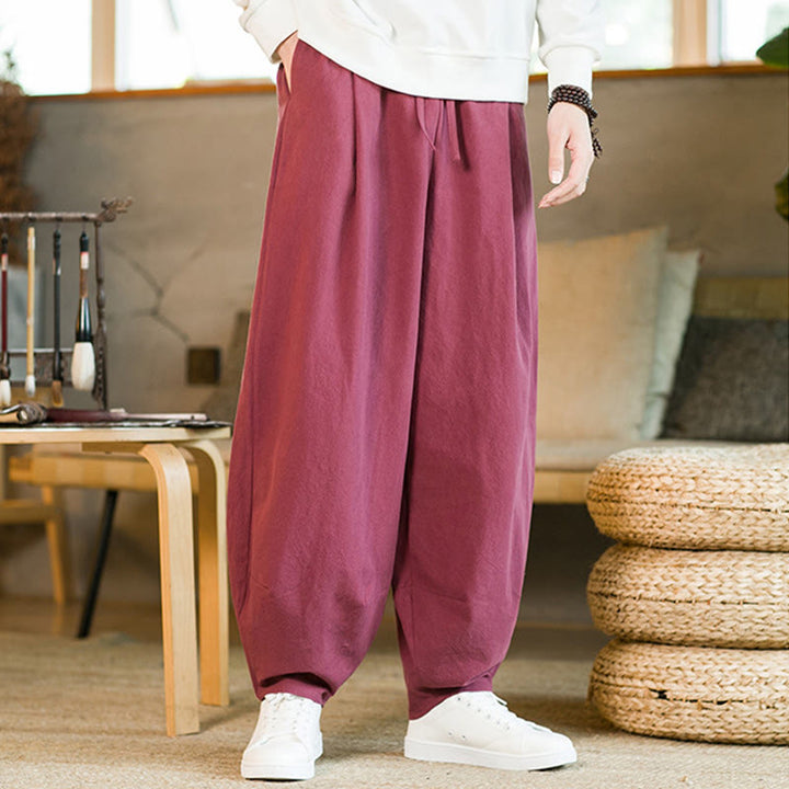 Pantalon Buddha Stones pour homme en coton et lin de couleur unie avec cordon de serrage et poches - Rose foncé - US/UK/AU46，EU56 (5XL) - image 5