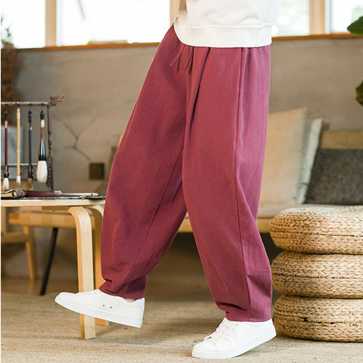 Pantalon Buddha Stones pour homme en coton et lin de couleur unie avec cordon de serrage et poches - image 8
