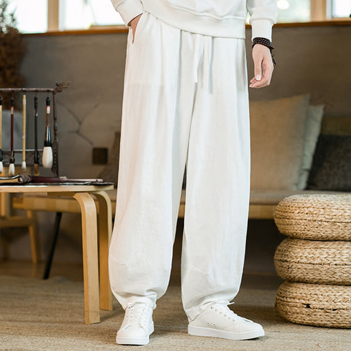 Pantalon Buddha Stones pour homme en coton et lin de couleur unie avec cordon de serrage et poches - Blanc - US/UK/AU46，EU56 (5XL) - image 17