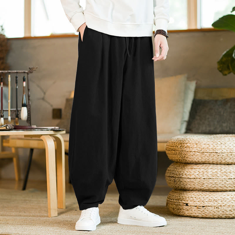 Pantalon Buddha Stones pour homme en coton et lin de couleur unie avec cordon de serrage et poches - Noir - US/UK/AU46，EU56 (5XL) - image 11