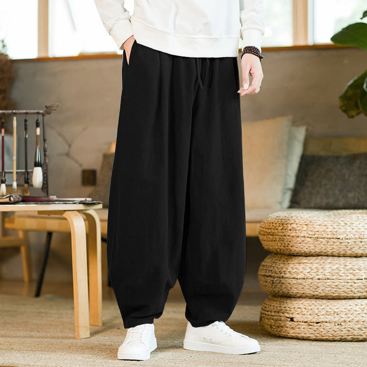 Pantalon Buddha Stones pour homme en coton et lin de couleur unie avec cordon de serrage et poches - Noir - US/UK/AU46，EU56 (5XL) - image 11