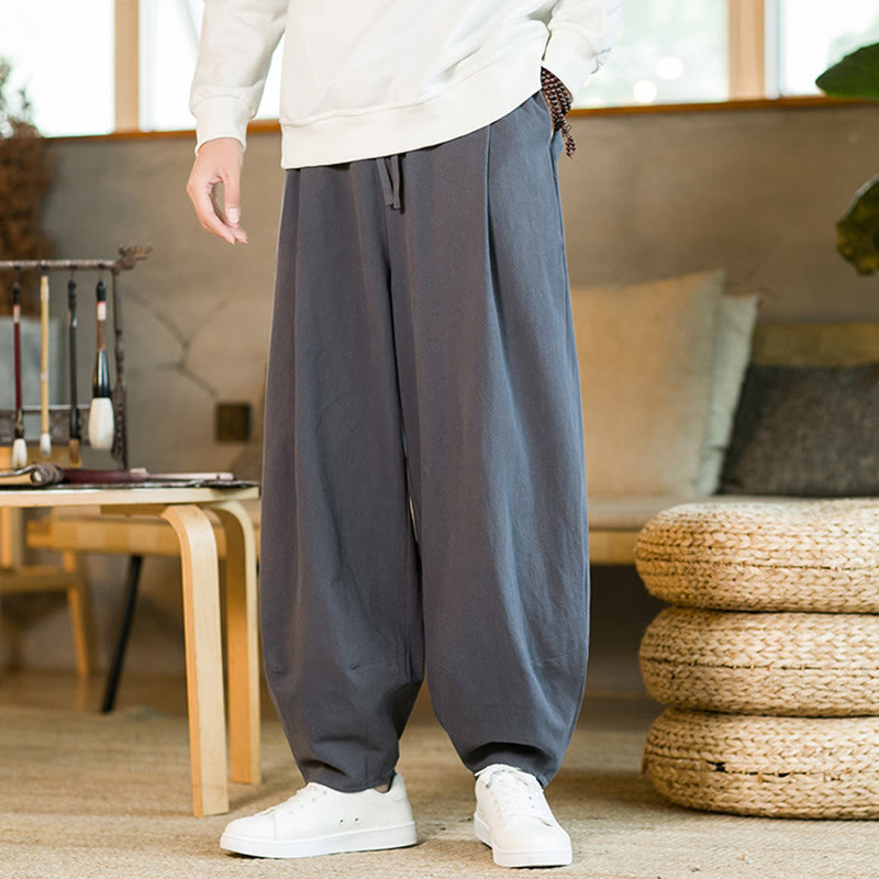 Pantalon Buddha Stones pour homme en coton et lin de couleur unie avec cordon de serrage et poches - image 33