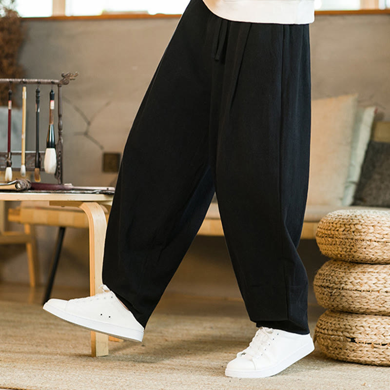 Pantalon Buddha Stones pour homme en coton et lin de couleur unie avec cordon de serrage et poches - image 14