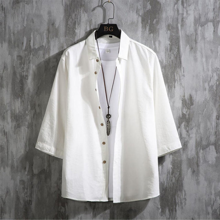 Chemise décontractée à manches trois-quarts et boutons sur le devant pour homme avec motif Buddha Stones