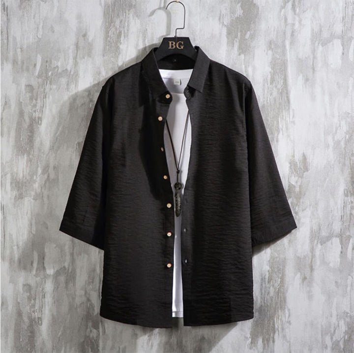 Chemise décontractée à manches trois-quarts et boutons sur le devant pour homme avec motif Buddha Stones