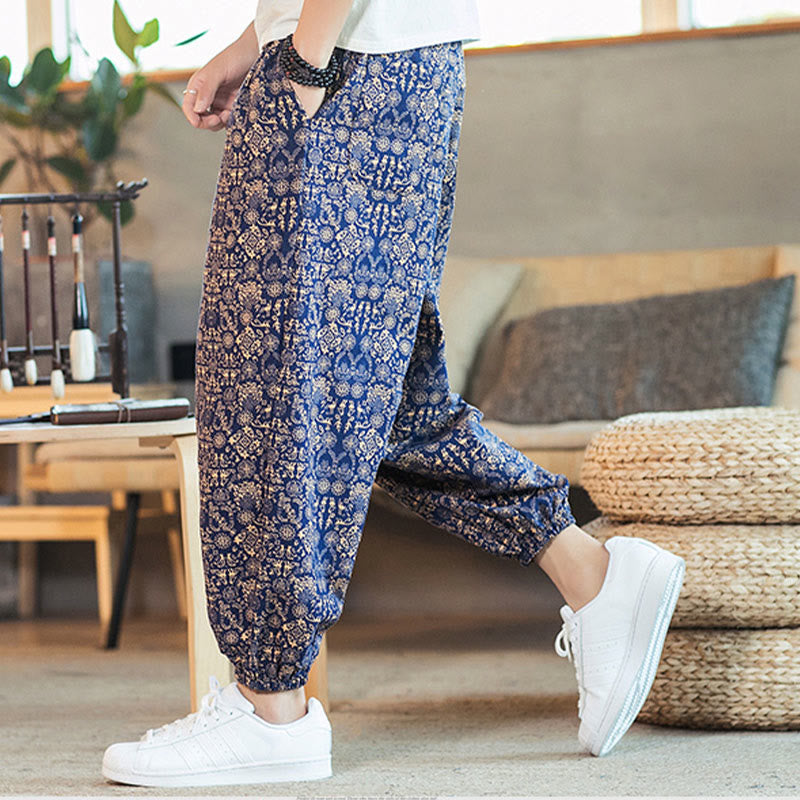 Pantalon sarouel pour homme en coton et lin avec cordon de serrage et poches, motif mandala doré et Buddha Stones - image 1