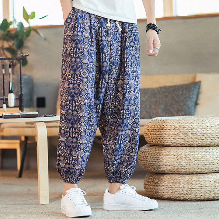 Pantalon sarouel pour homme en coton et lin avec cordon de serrage et poches, motif mandala doré et Buddha Stones - image 7