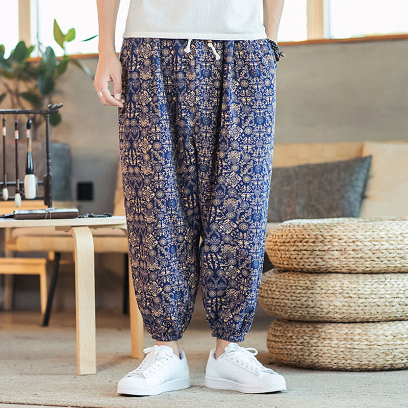 Pantalon sarouel pour homme en coton et lin avec cordon de serrage et poches, motif mandala doré et Buddha Stones - image 5